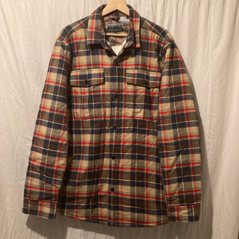 Pladra Mens Sherpa Lined Flannel Shirt Jacket Plaid Tan Navy Red Large Tall L-T
